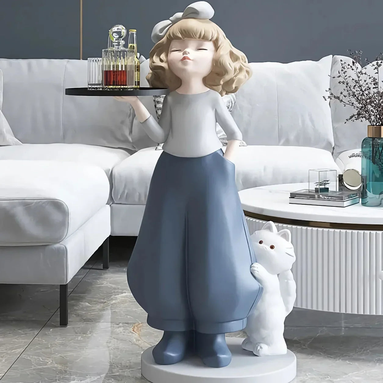 Nordic Girl Tray Sculpture – Decorative Home Accent Statue