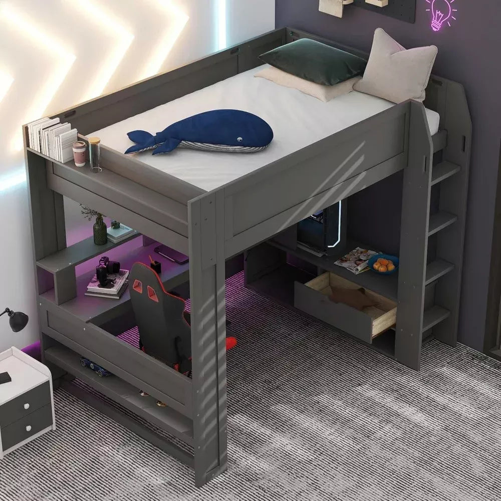 Full Size Wooden Loft Bed with Desk, Shelves, LED Lights, and Charging Station - DSARD