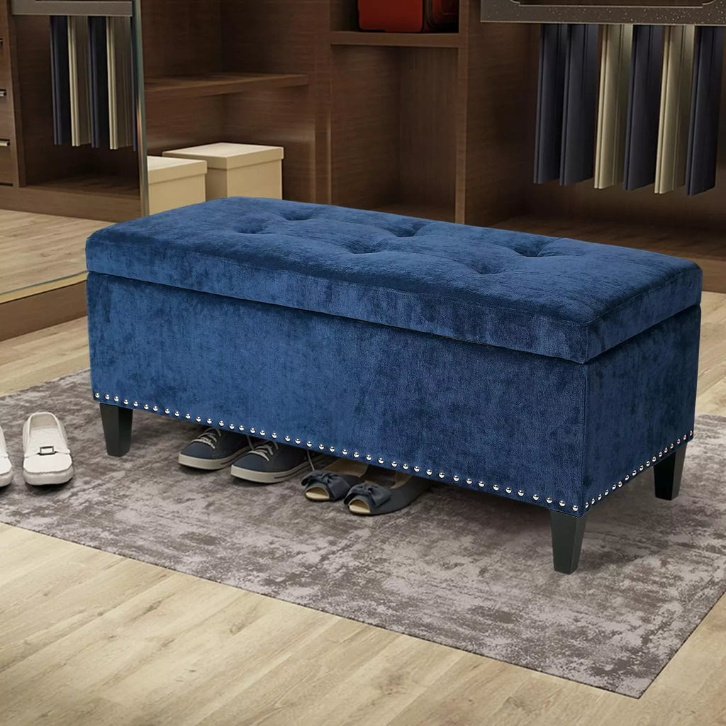Tufted Linen Storage Ottoman Bench with Lift Top & Solid Wood Legs - DSARD
