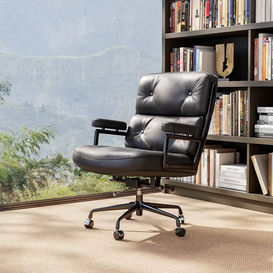 Classic Mid-Back Padded Genuine Leather Office Chair with Armrest - DSARD - DSARD