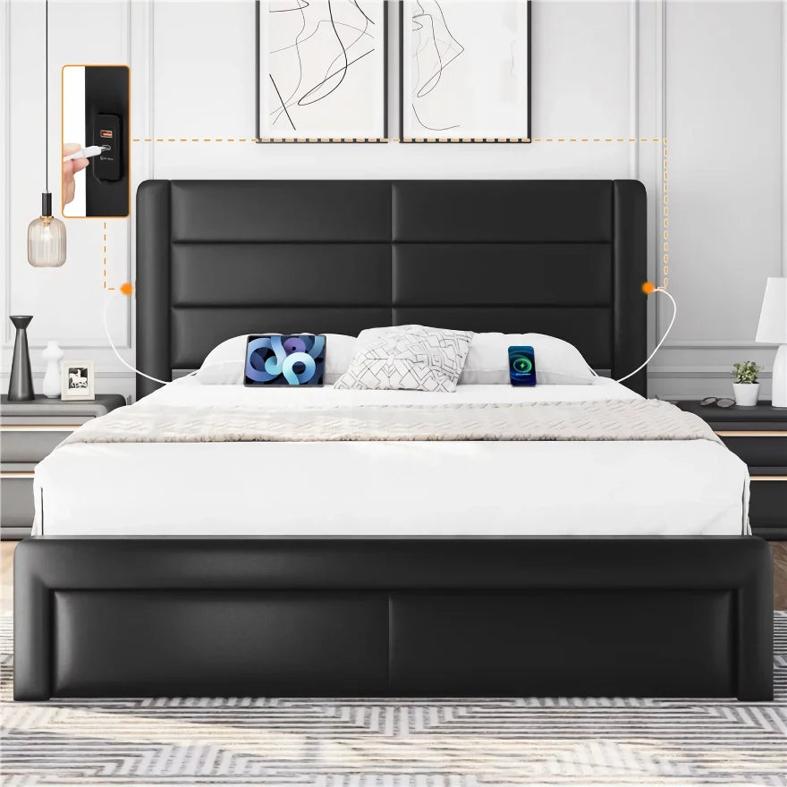 Black bed frame with white mattress in a bedroom setting