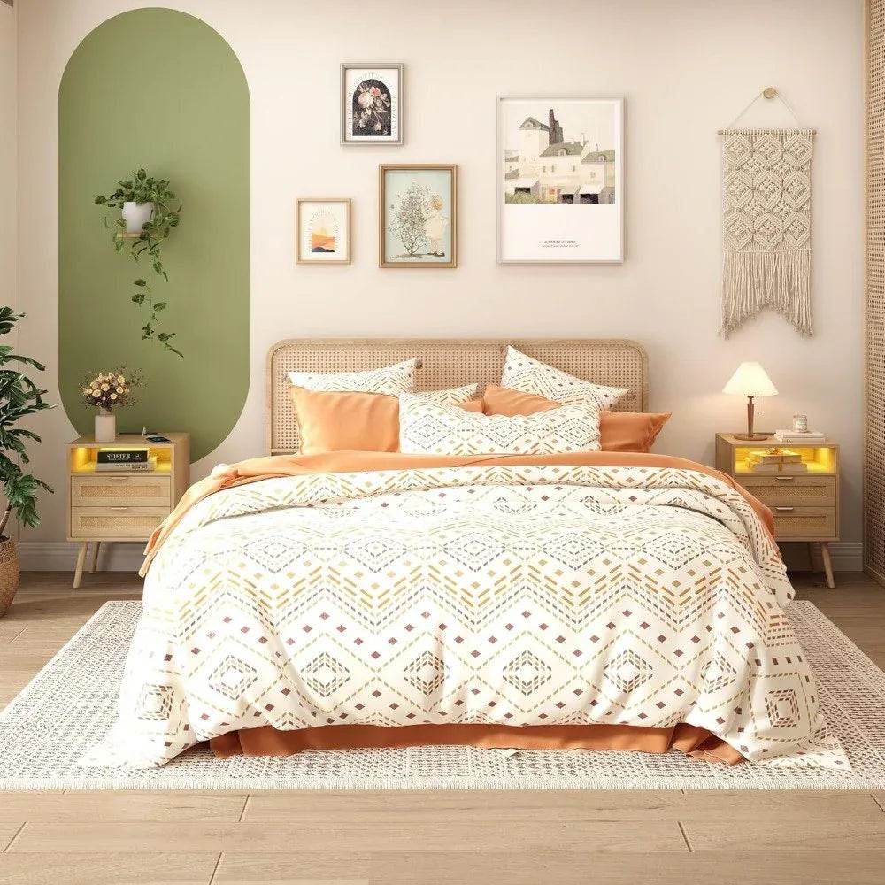 Boho Rattan Premium Nightstands with Charging Station, LED Lights & Drawers - DSARD