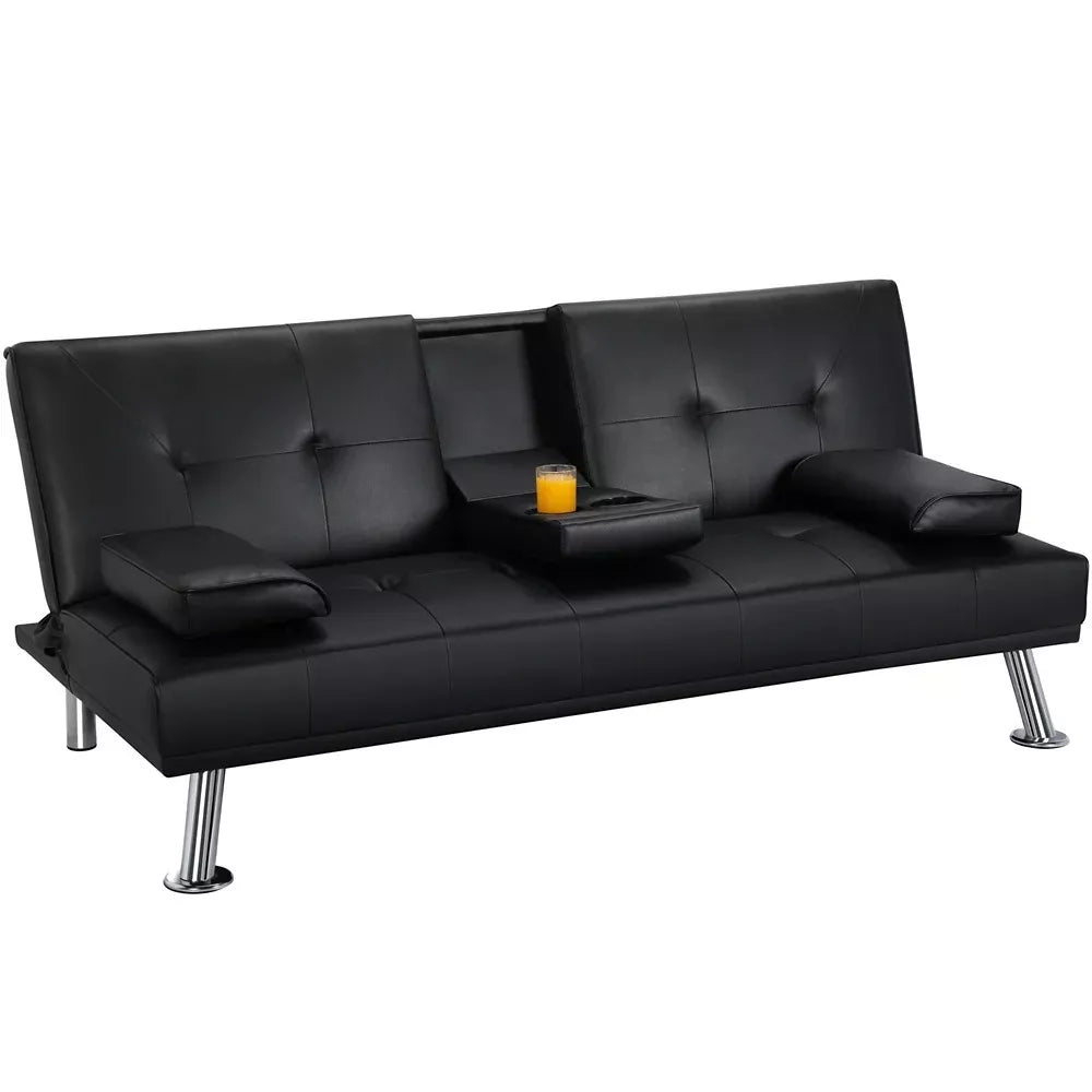 Modern Faux Leather Futon Sofa Bed with Cupholders and Pillows - DSARD