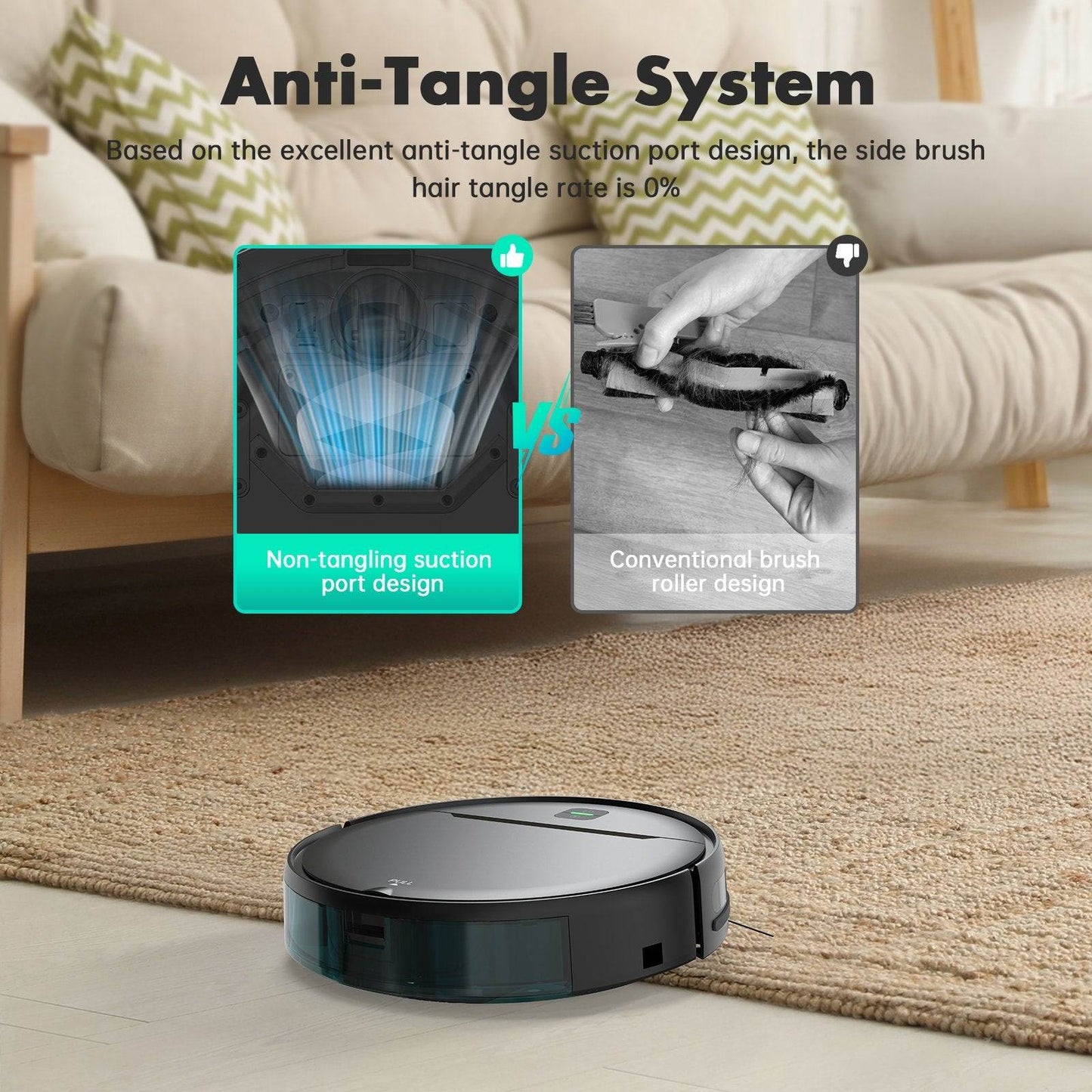 Robot vacuum cleaner with anti-tangle system feature highlighted in a living room setting.