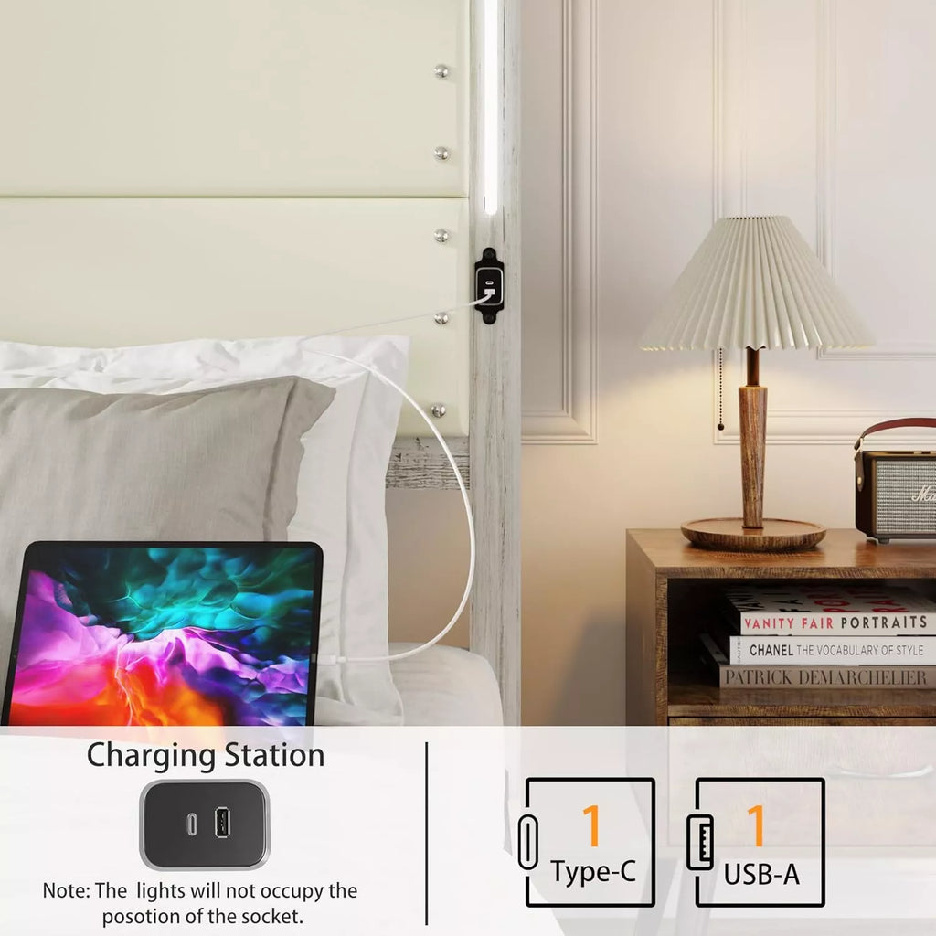 LED Bed Frame with Charging Station, Tall Headboard & 4 Storage Drawers - DSARD