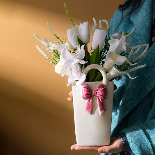 Pink Ceramic Vase with Bowknot for Flowers and Home Decor