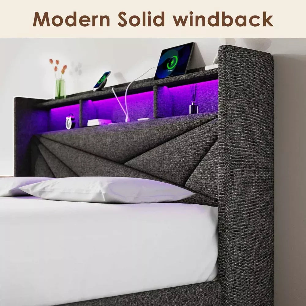 LED Upholstered Queen Bed Frame with Headboard, Storage Drawers & Charging Ports - DSARD