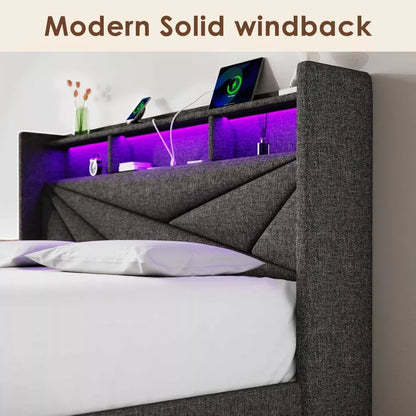 LED Upholstered Queen Bed Frame with Headboard, Storage Drawers & Charging Ports - DSARD