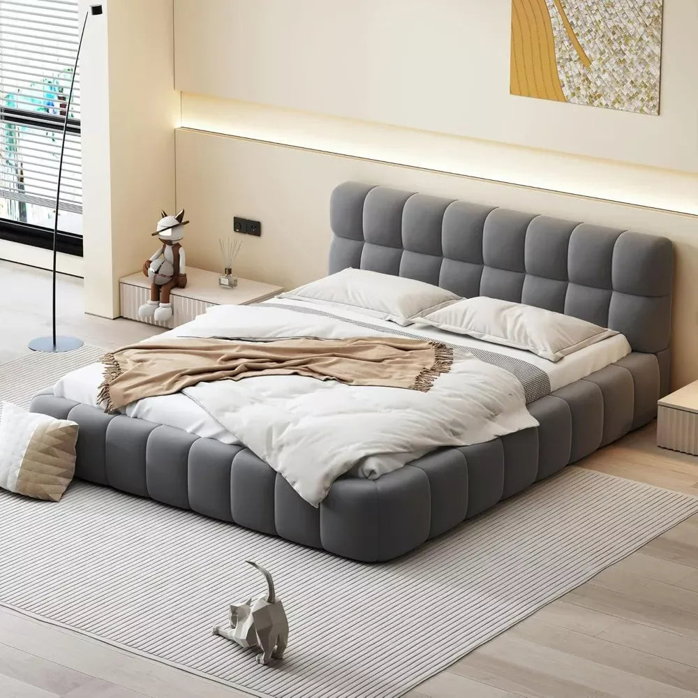 Queen Tufted Linen Wingback Platform Bed – No Box Spring Needed