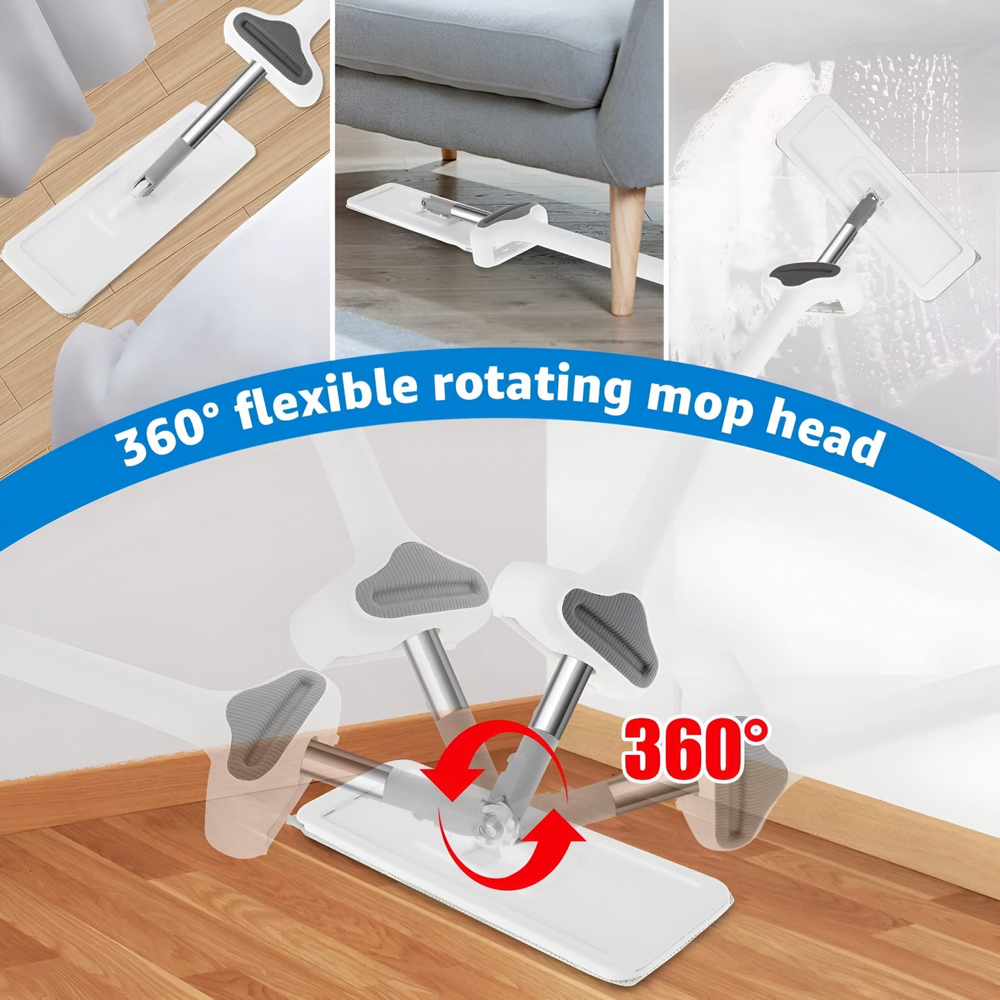 360° Rotating Flat Floor Mop with Self-Wringing Microfiber Pads
