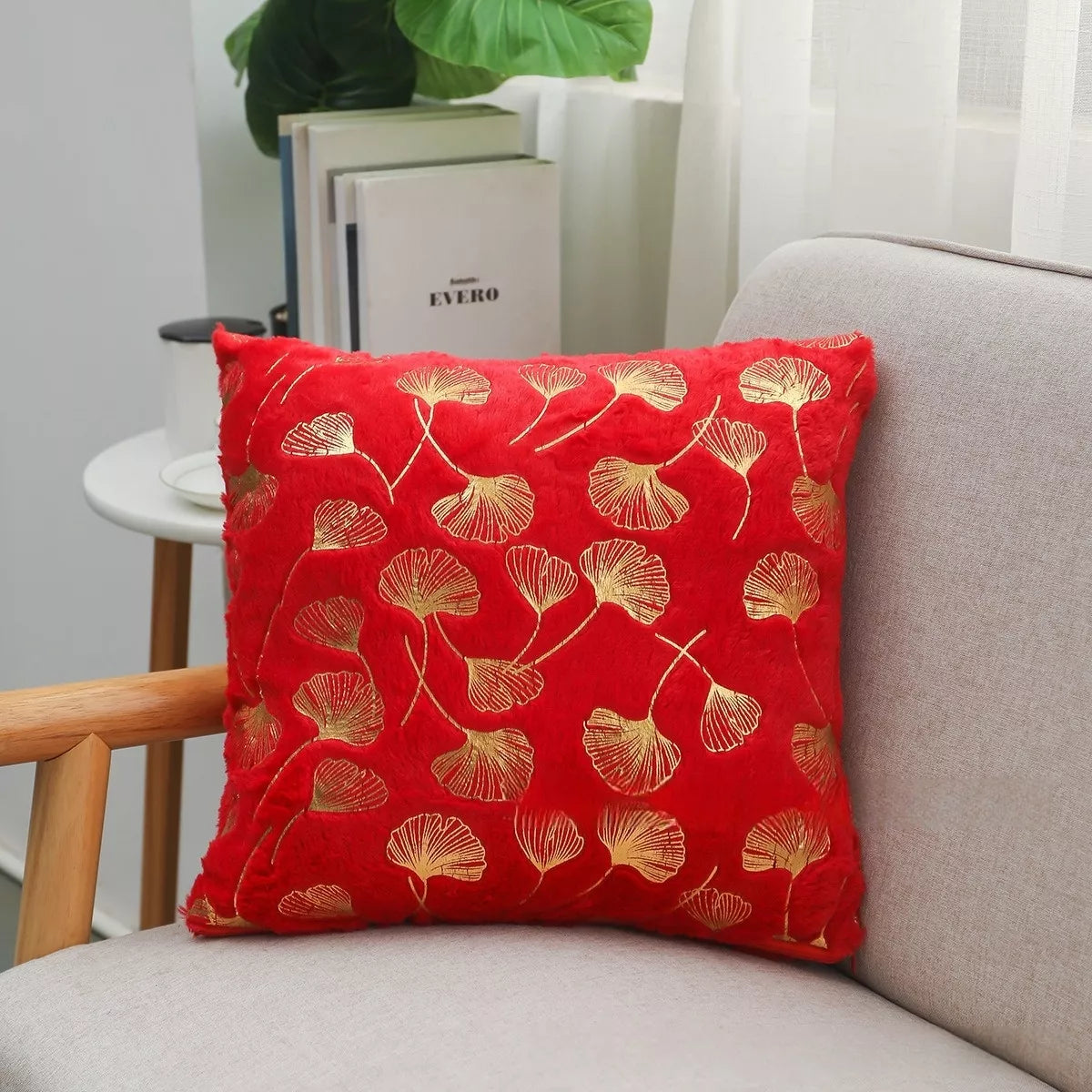Golden Plush Ginkgo Leaf Cushion Cover 16.5×16.5in