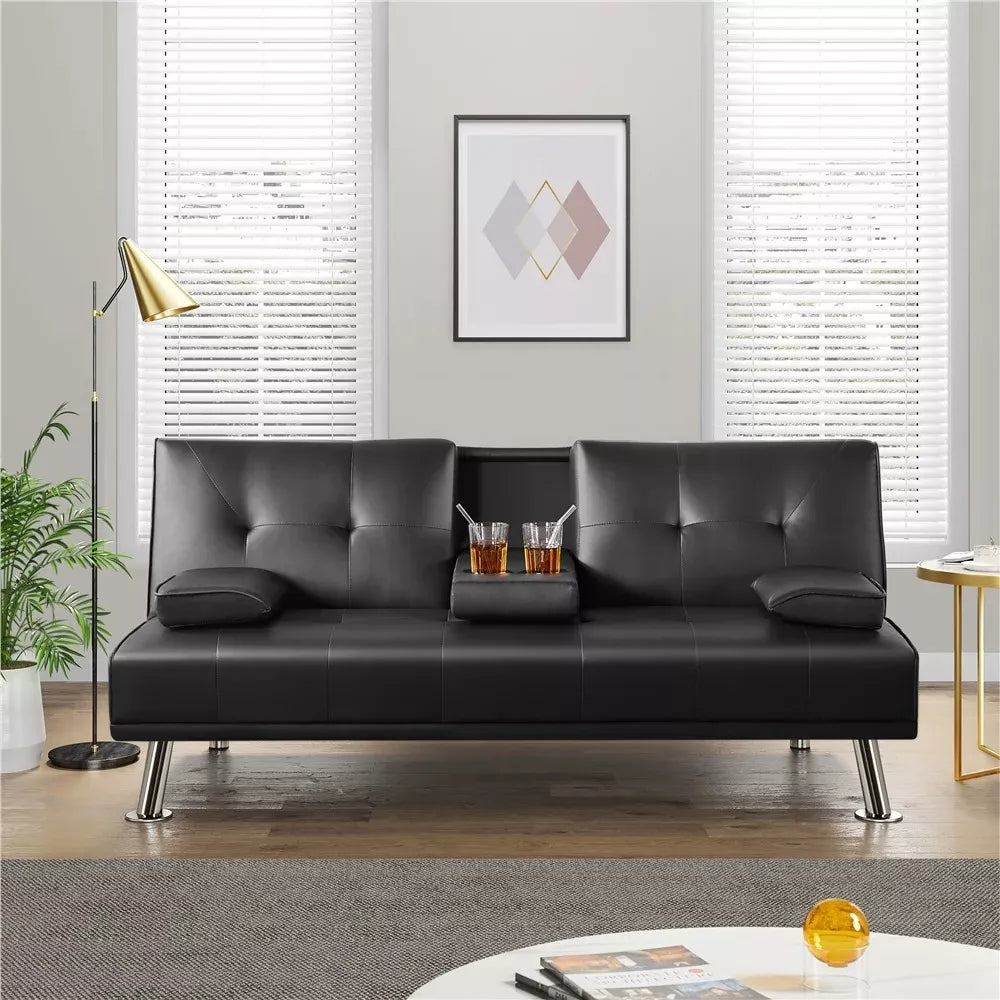 Modern Faux Leather Futon Sofa Bed with Cupholders and Pillows - DSARD