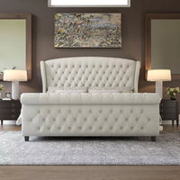 King Size Chenille Upholstered Sleigh Bed Frame with Scroll Wingback Headboard - DSARD
