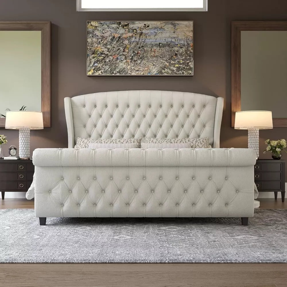 King Chenille Sleigh Bed with Scroll Wingback Headboard