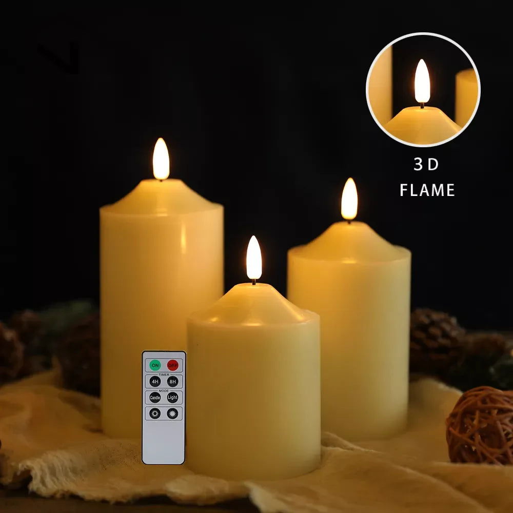 3-Piece Flameless LED Wax Candle Set with Flickering Light and Timer - DSARD