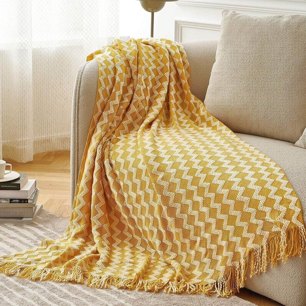 Knitted Zigzag Throw Blanket with Tassels
