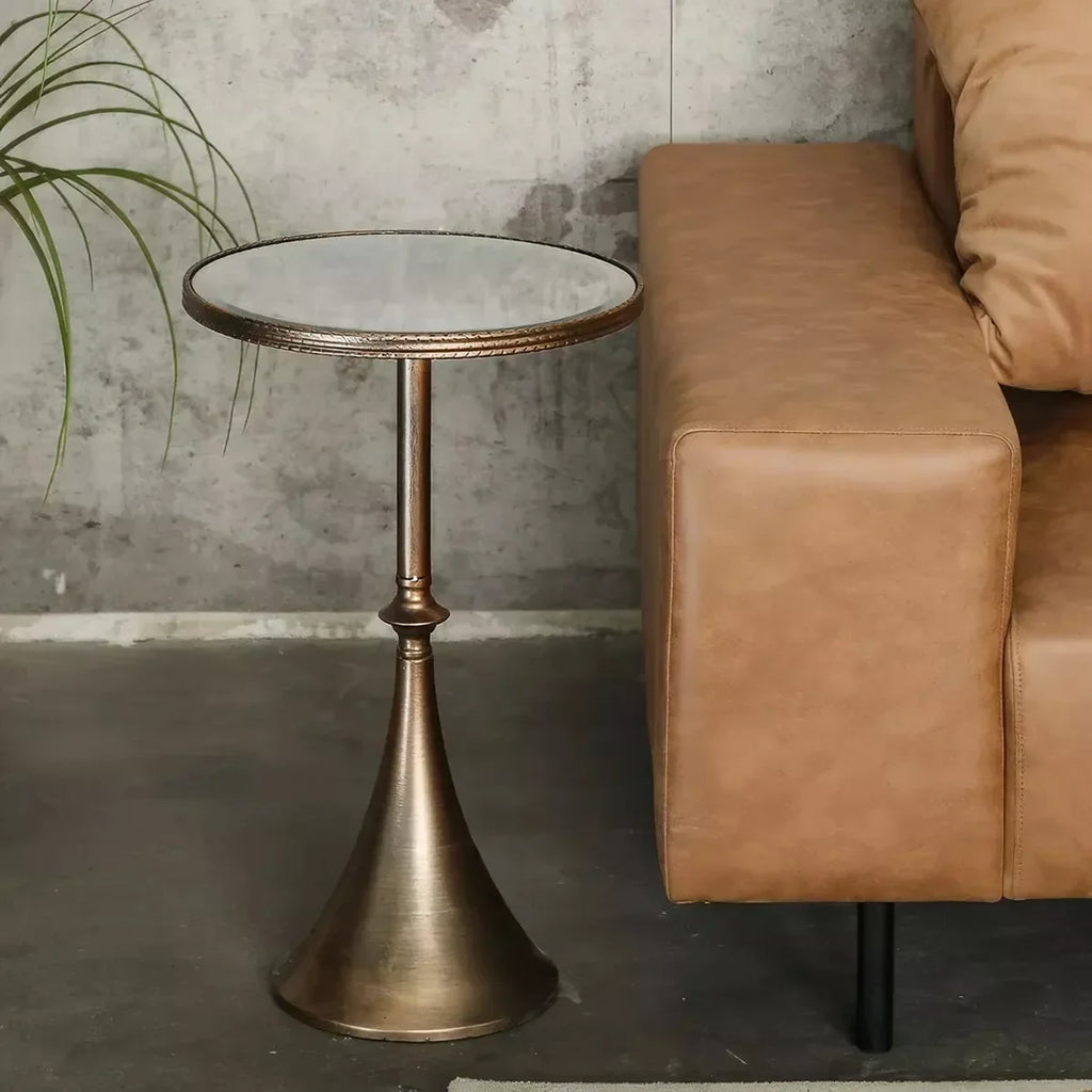 Scandinavian Round Mirror Glass Side Table – Retro Metal Art