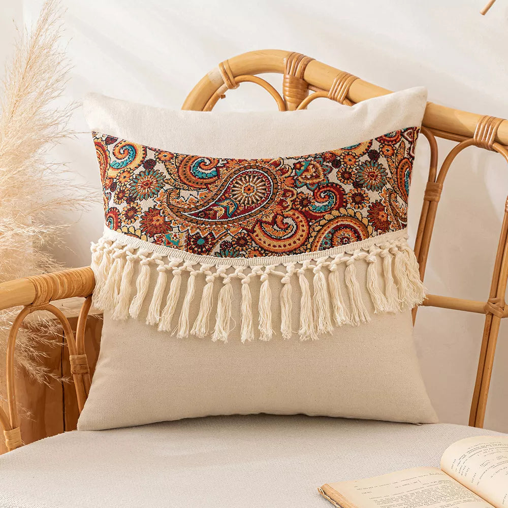 Boho Tassel Throw Pillow Cover 18×18 Inch – Retro Decorative Cushion Case