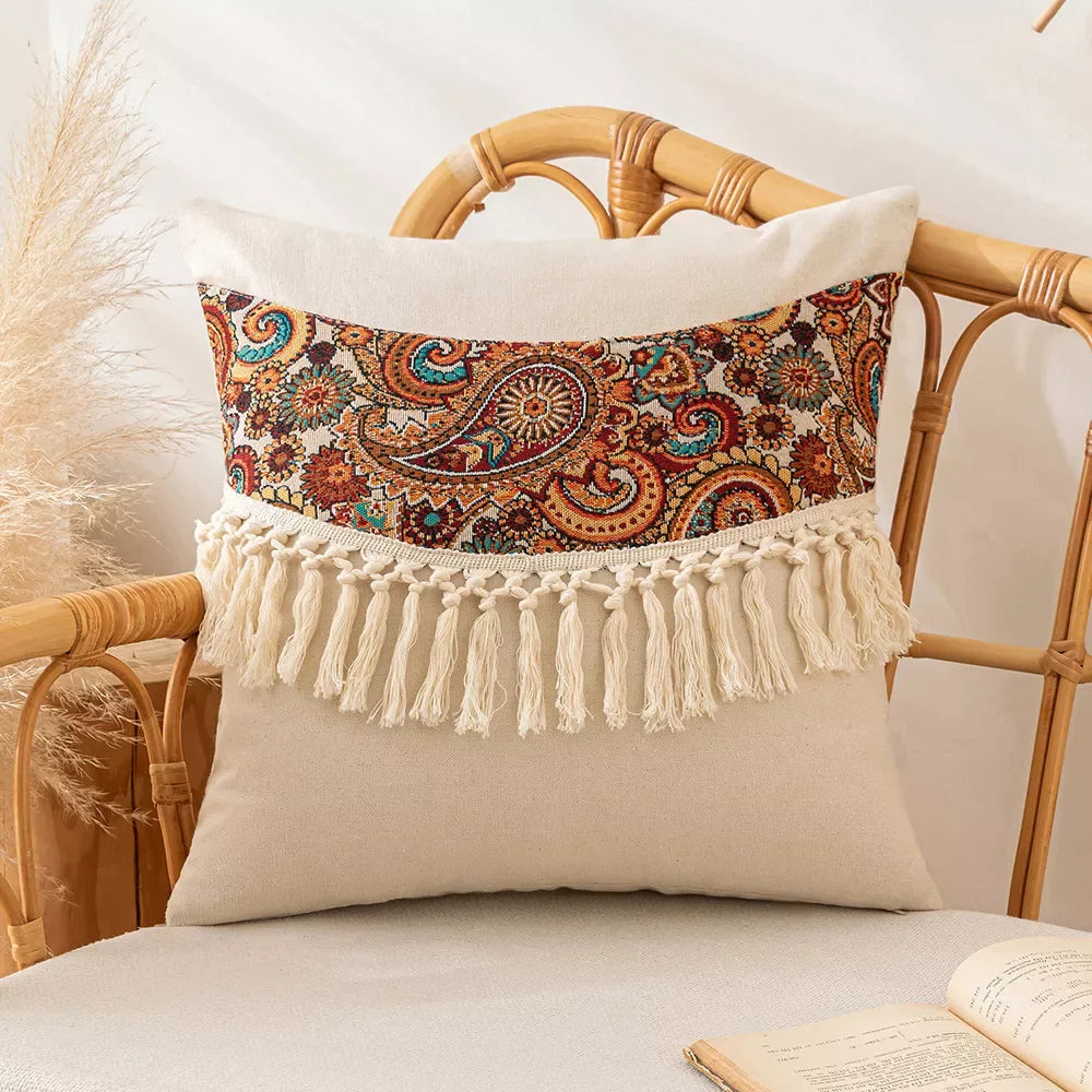 Boho Tassel Throw Pillow Cover 18×18 Inch – Retro Decorative Cushion Case - DSARD