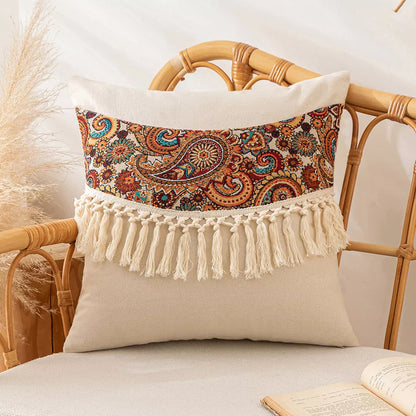 Boho Tassel Throw Pillow Cover 18×18 Inch – Retro Decorative Cushion Case