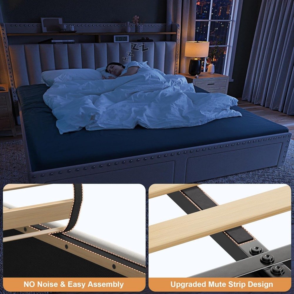 King Platform Bed with Storage Drawers & Tall Upholstered Headboard