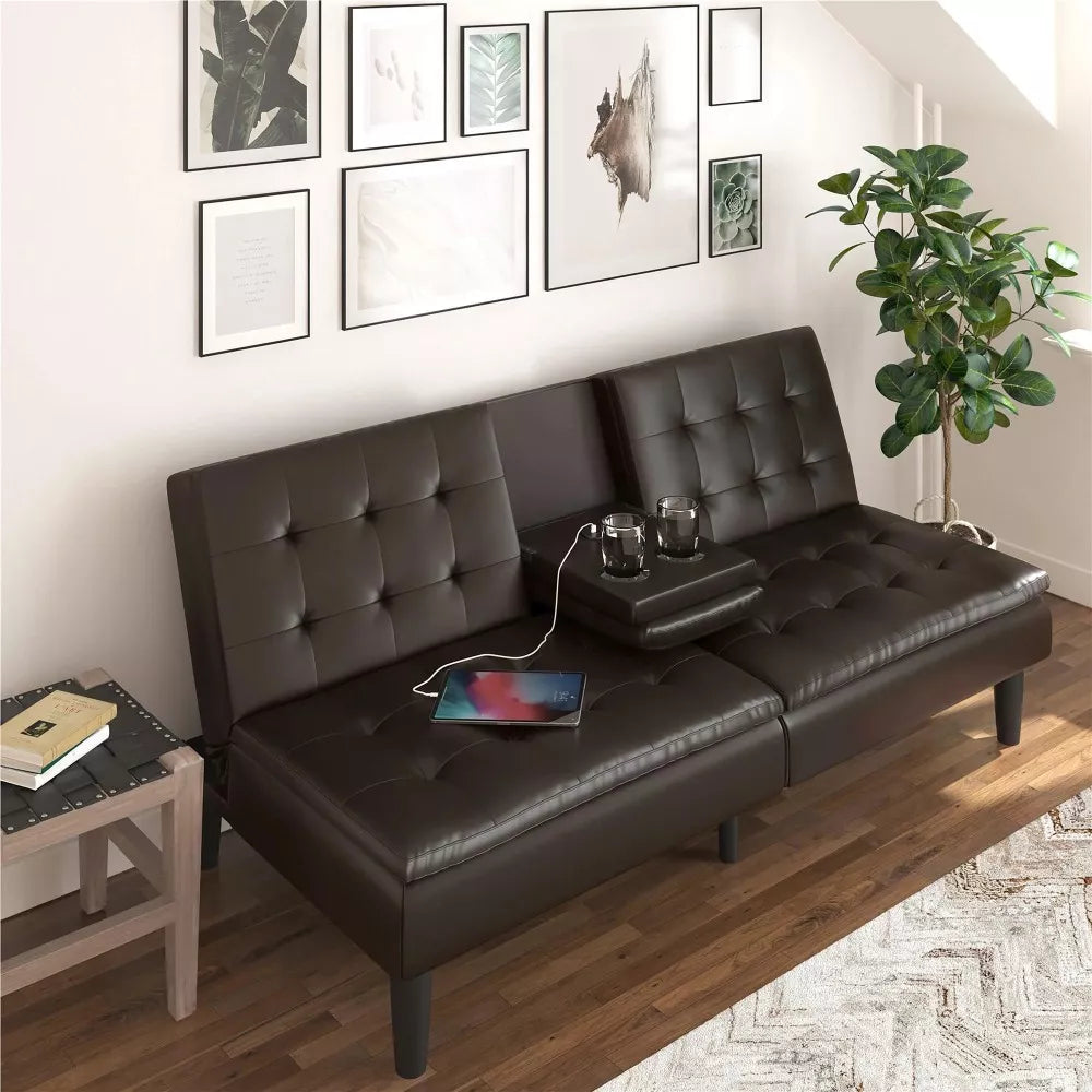 Modern Dark Brown Faux Leather Sofa with Cupholder & USB Charging - DSARD