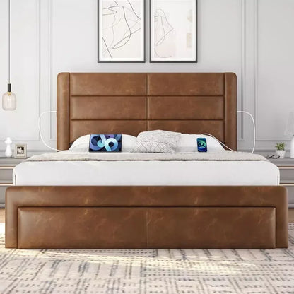 Queen Bed Frame with Storage Drawers & USB Ports, Leather Headboard, 86″x63.5″ - DSARD