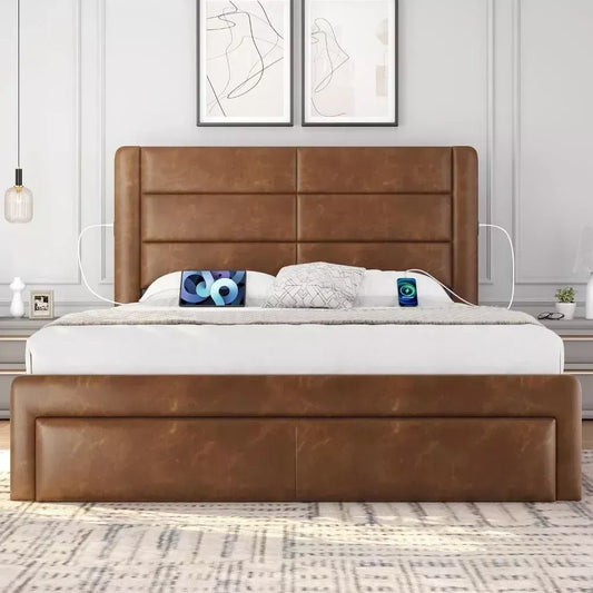 Queen Bed Frame with Storage Drawers & USB Ports, Leather Headboard, 86″x63.5″ - DSARD