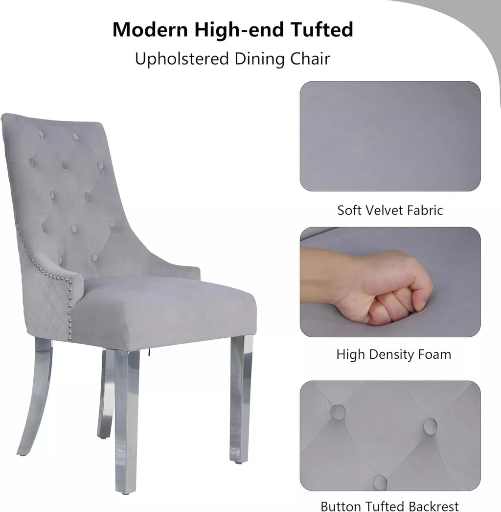 Velvet Wingback Dining Chairs Set of 2 – Tufted with Chrome Legs & Pull Ring - DSARD