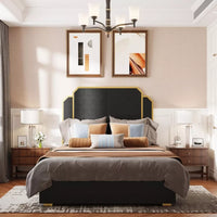 Queen Platform Bed Frame with 59″ Velvet High Headboard, Gold Accent & Storage - DSARD