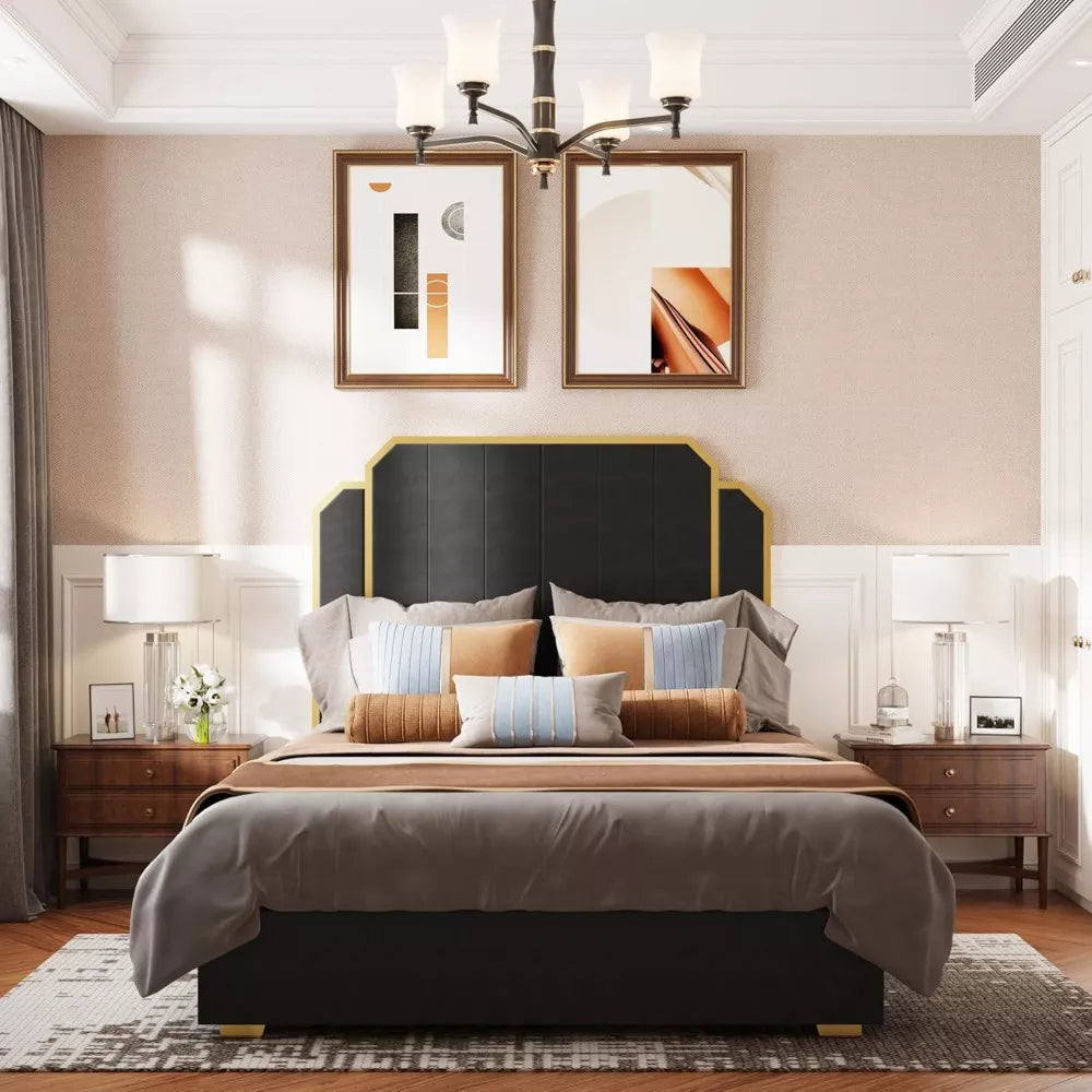 Queen Velvet Bed with 59" High Headboard, Gold Accent & Storage