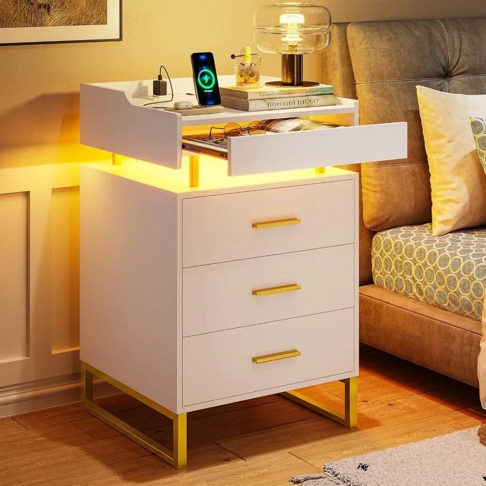 Set of 2 LED Premium Nightstands with 3 Drawers, Pull-Out Tray & Charging Station