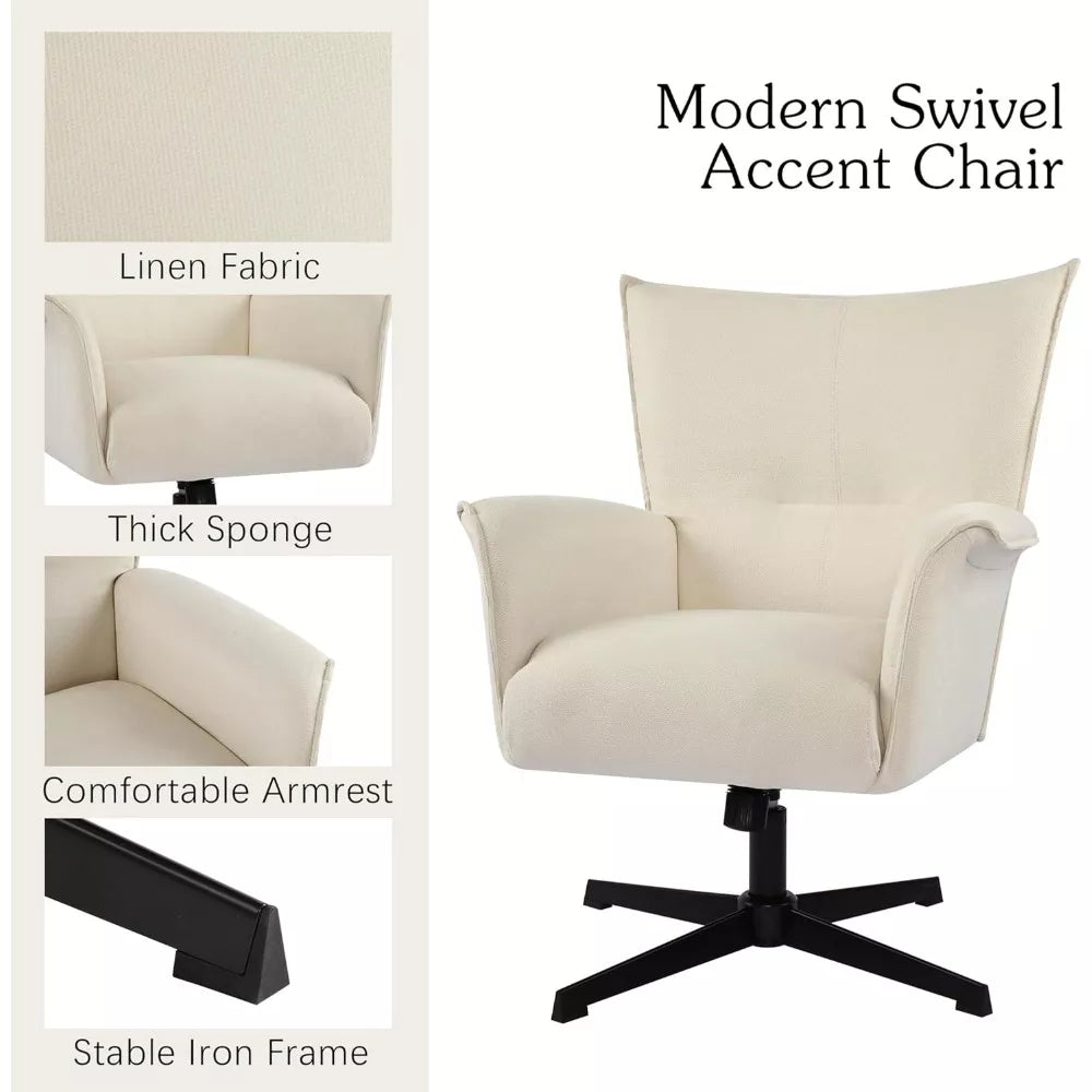 Swivel Home Office Chair with Armrests – Upholstered Linen, No Wheels - DSARD