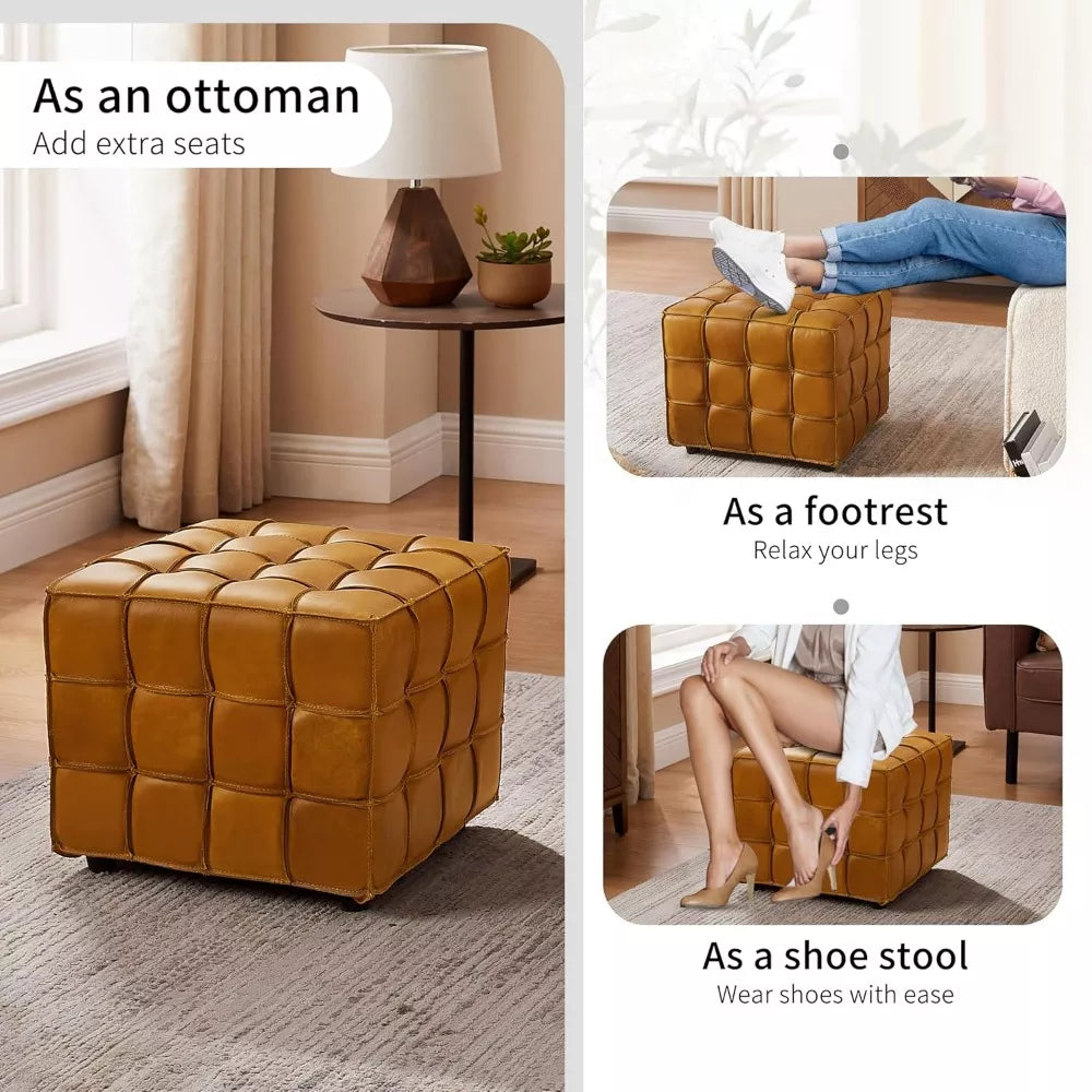 Genuine Leather Square Ottoman Footstool – Modern Tufted Yellow Brown - DSARD