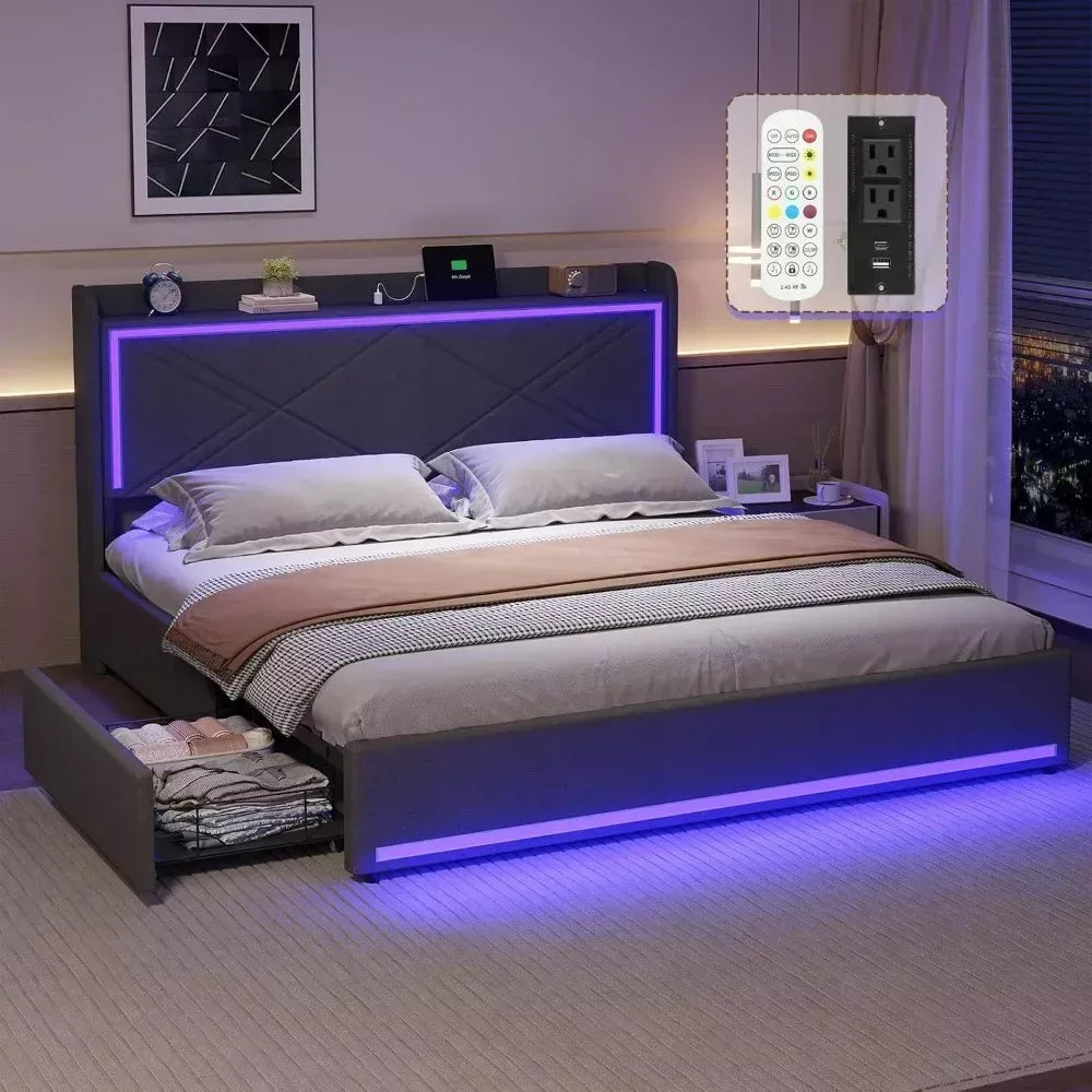 Queen Bed Frame with RGB LED Lights, USB Charging, and Storage Drawers - DSARD