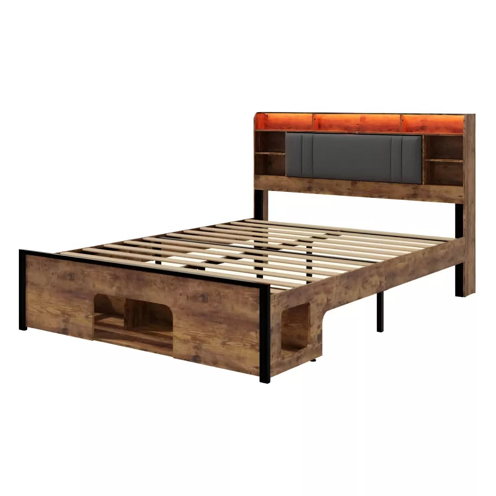 Queen Bed Frame with Upholstered Headboard, Storage, Charging Station & LED - DSARD