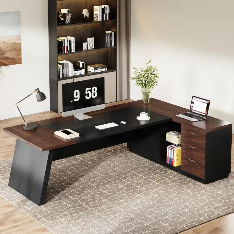 78″ L-Shaped Executive Office Desk with Drawers and File Cabinet, Industrial Style - DSARD - DSARD