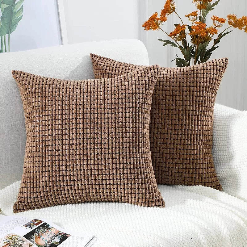 Decorative Corduroy Euro Pillow Cover Striped Cushion Case for Couch Sofa Bed Brown