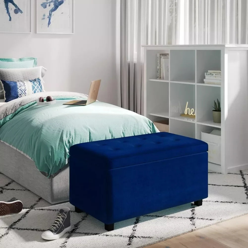 34-Inch Blue Velvet Storage Ottoman Bench with Tufted Top for Living Room - DSARD - DSARD