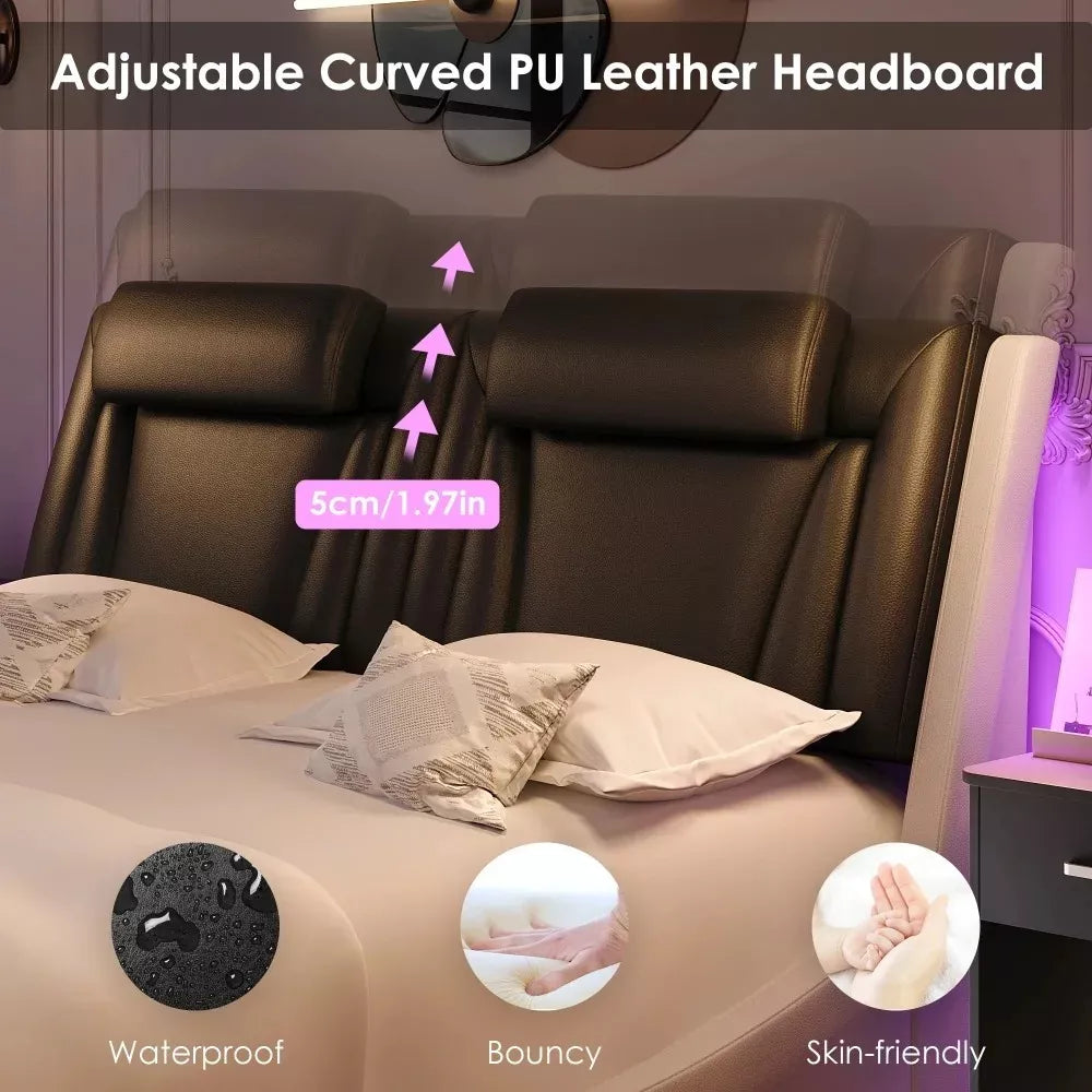 Queen Size LED Bed Frame with PU Leather Upholstered Platform and Adjustable Headboard - DSARD