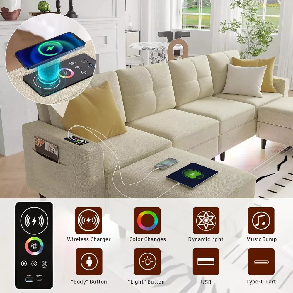 Oversized U-Shaped Sectional Couch with RGB LED Lights & Charging Station - DSARD