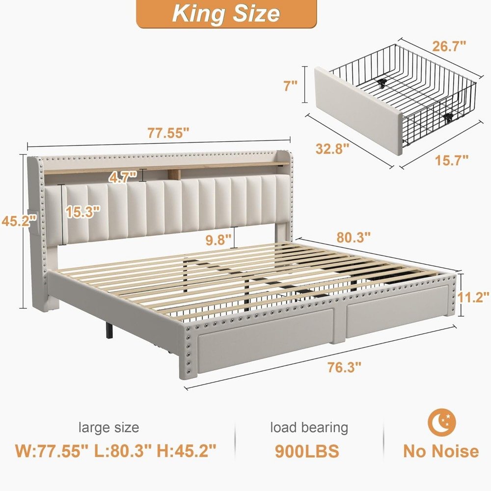 King Platform Bed with Storage Drawers & Tall Upholstered Headboard