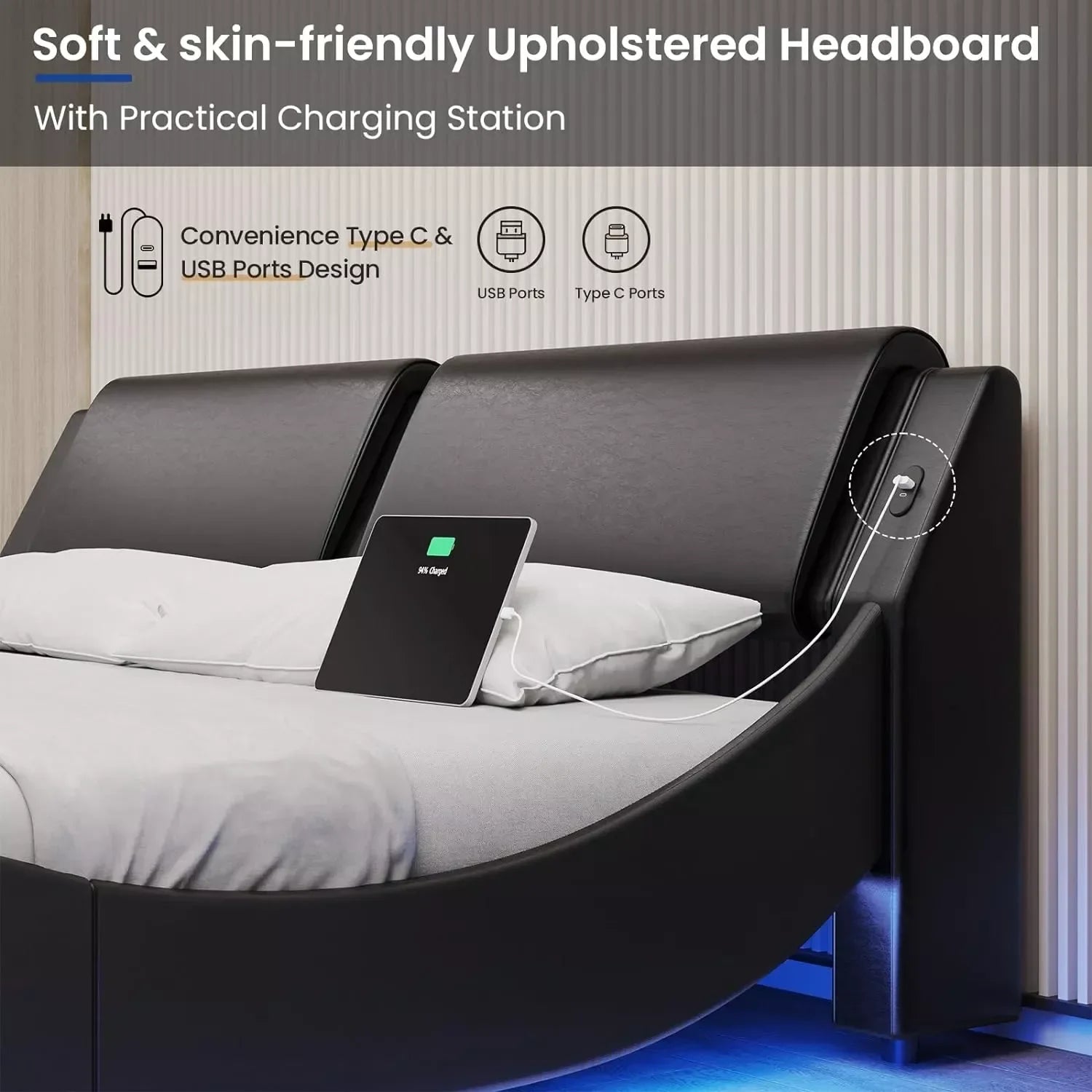 California King Platform Bed Frame with LED Lights & USB Ports - DSARD - DSARD