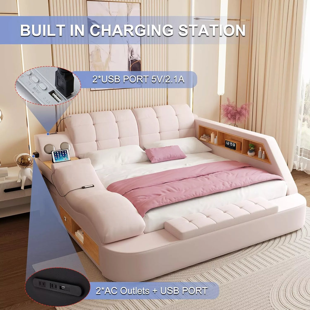 Luxury Smart King Bed Frame with Massage Recliner, USB, Storage & Speakers - DSARD