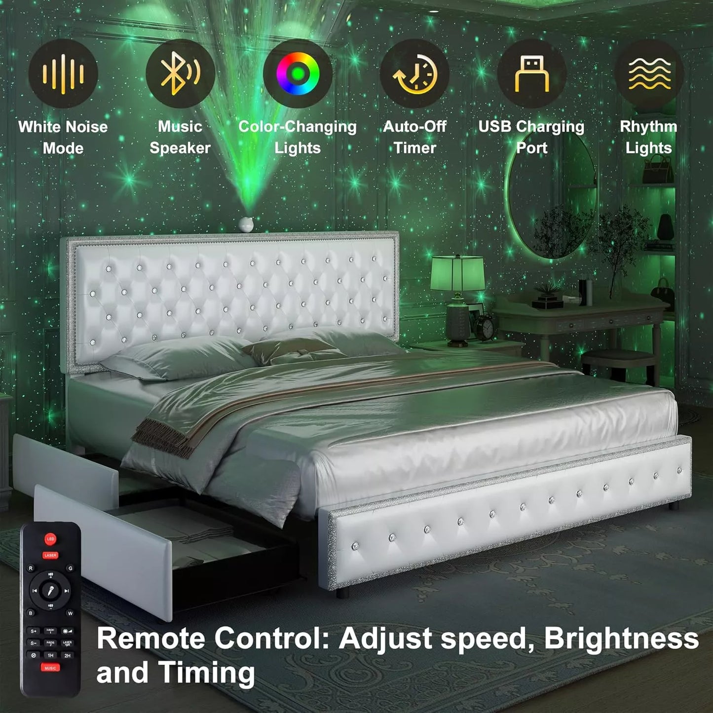 LED Upholstered Bed Frame with Galaxy Lights, Drawers, Bluetooth Speaker & USB - DSARD