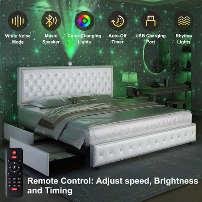 LED Upholstered Bed Frame with Galaxy Lights, Drawers, Bluetooth Speaker & USB - DSARD