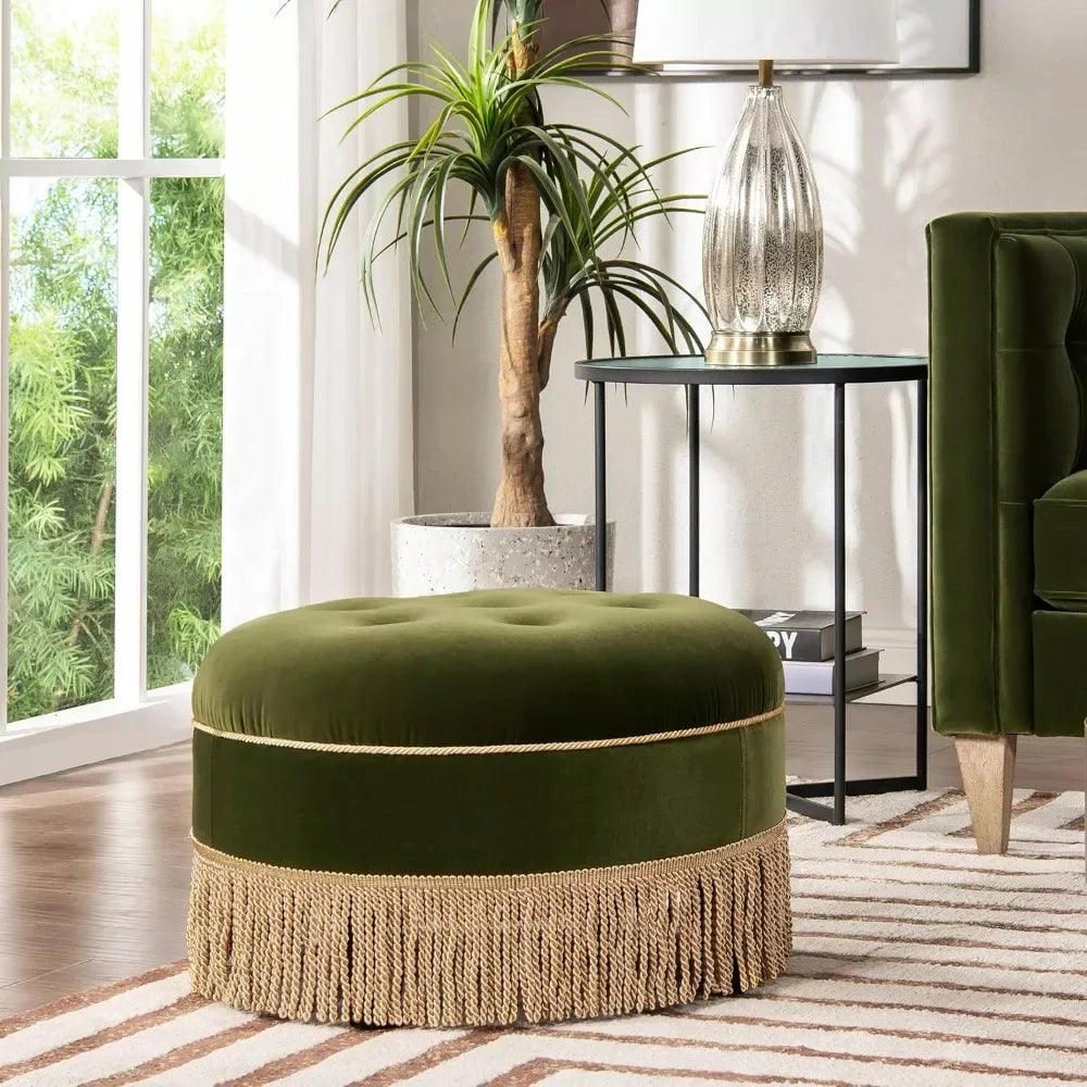 24″ Round Upholstered Accent Ottoman with Performance Velvet and Tassel Fringe - DSARD - DSARD