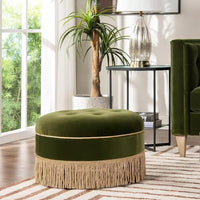 24″ Round Upholstered Accent Ottoman with Performance Velvet and Tassel Fringe - DSARD - DSARD