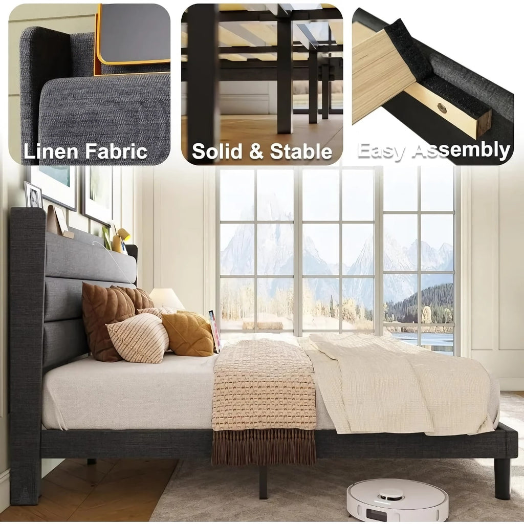 Queen Bed Frame with Storage Headboard & Built-In Outlets