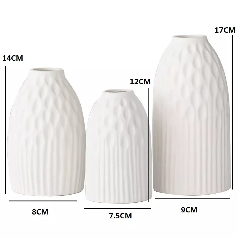 Set of 3 White Ceramic Round Vases